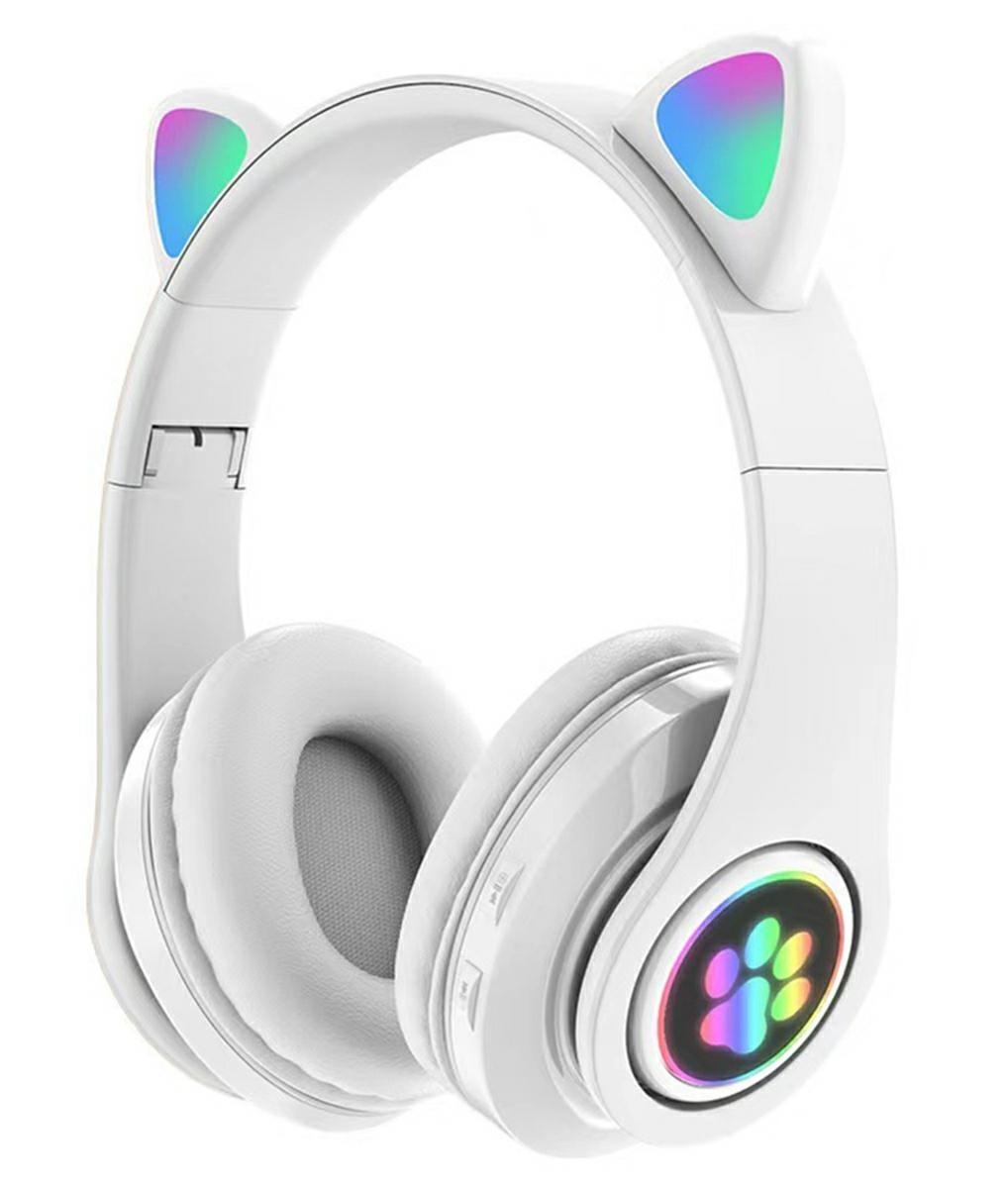 Casti audio wireless RGB pisica, radio FM incorporat, microSD, intrare USB, bluetooth 5.0, 50Hz-20kHz, 108dB, 16Ω, alb - imagine 6